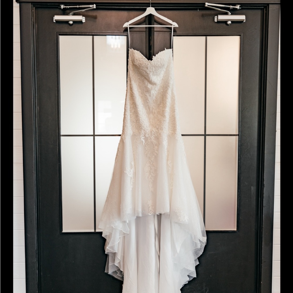 Strapless Lace Mermaid style Bridal Gown in white with vail.